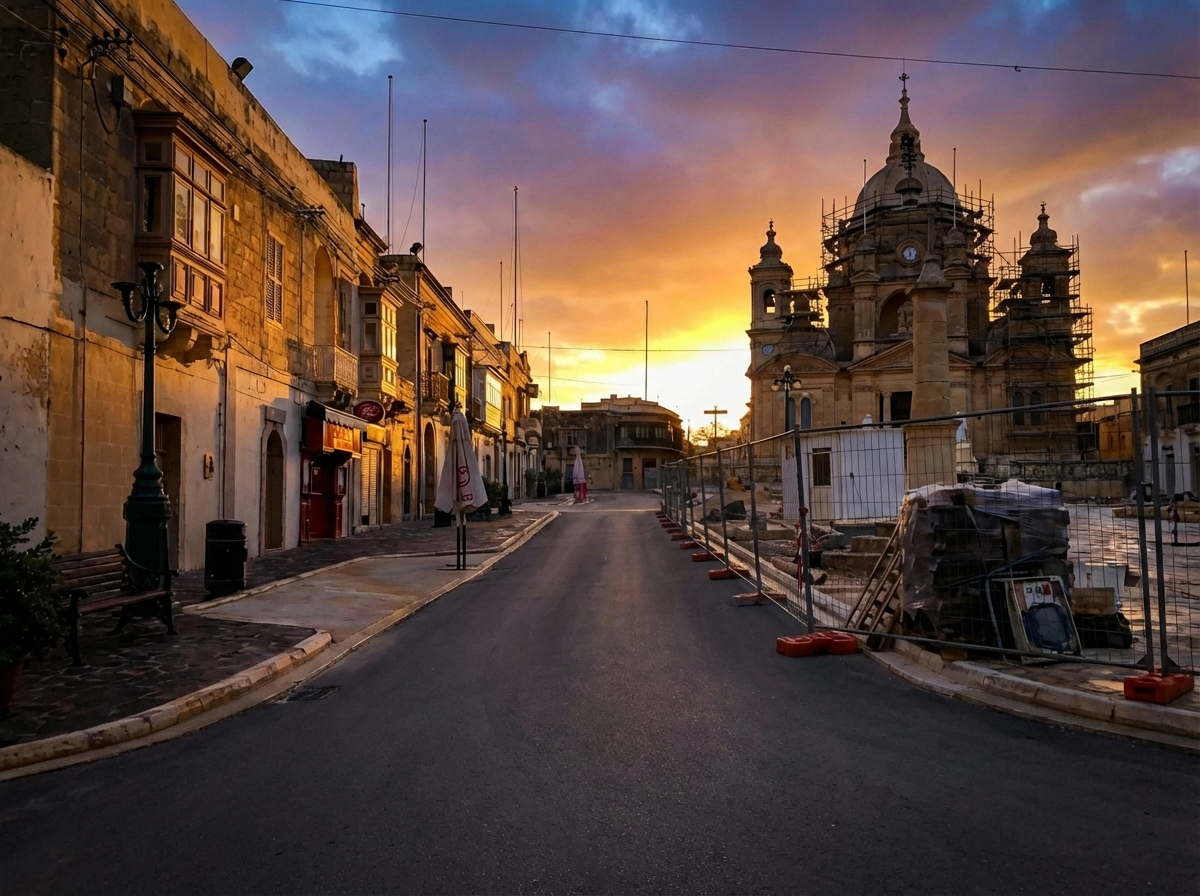 Street restoration with church backdrop