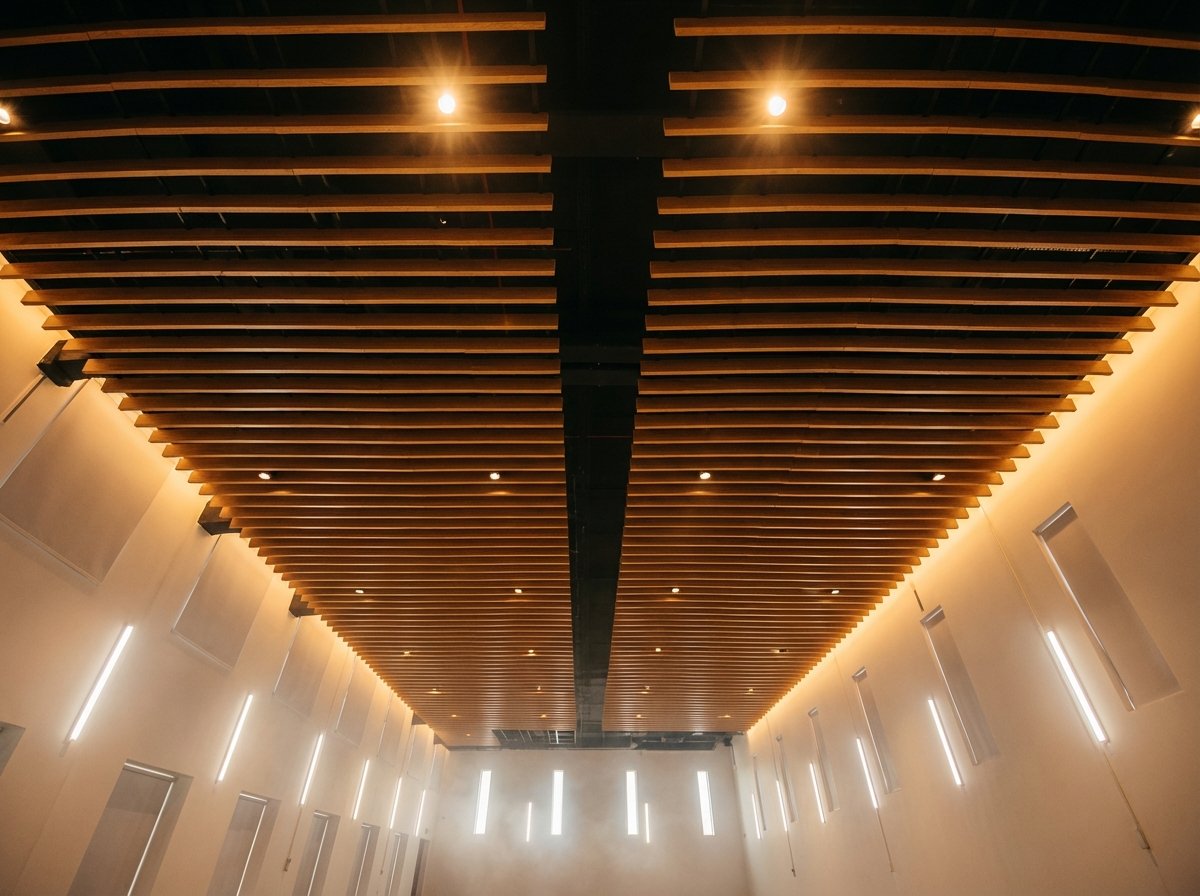 Modern wooden slat ceiling with integrated lighting